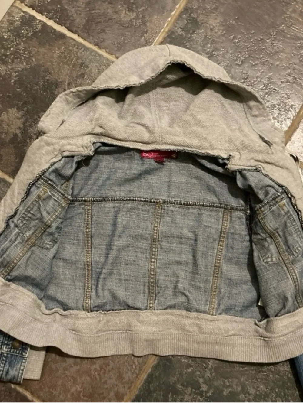 SO Cropped Denim Jacket with Attached Grey Hoodie Girls Size XL